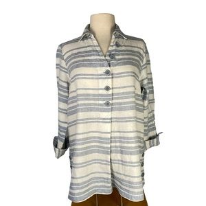 John Mark Women's Size L 100% Linen Tunic Blue White Stripe Blouse Shirt Top